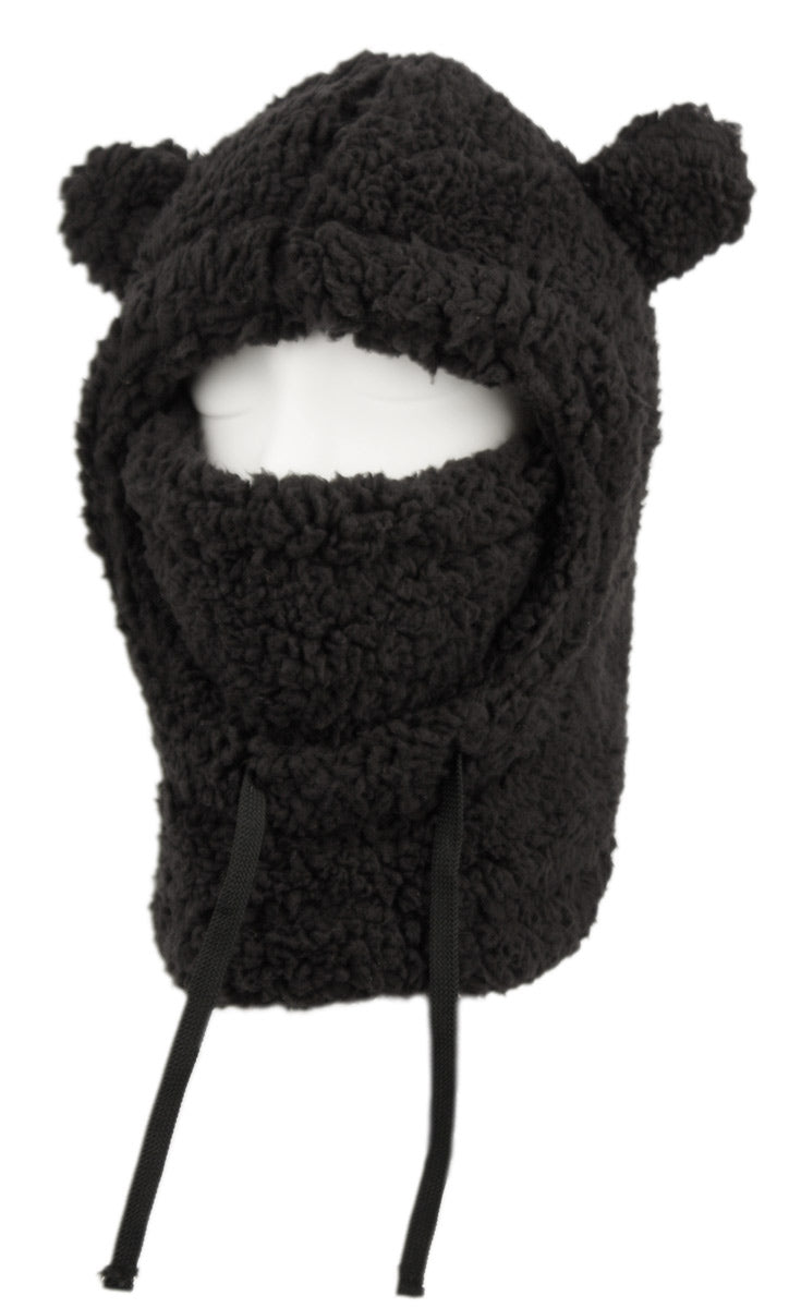 Kids Sherpa Fur Winter Tabby Bear Hat Mask Warm Neck Cover Black