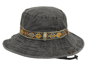 Man and Woman's Washed Cotton Bucket Sun Hat With Bohemian Styled Trim Band