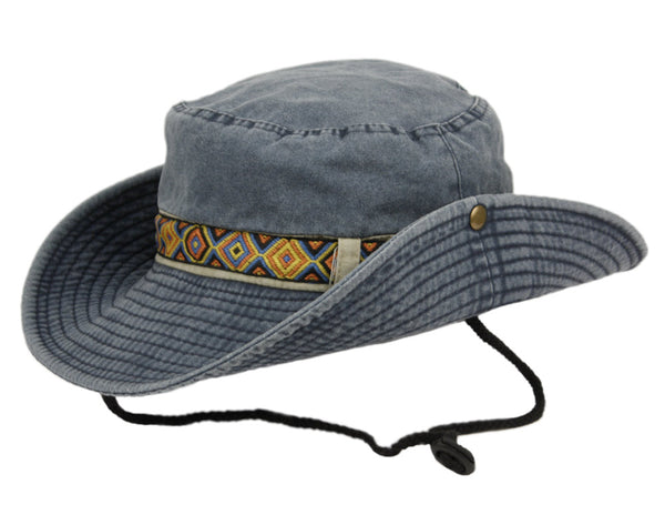 Man and Woman's Washed Cotton Bucket Sun Hat With Bohemian Styled Trim Band