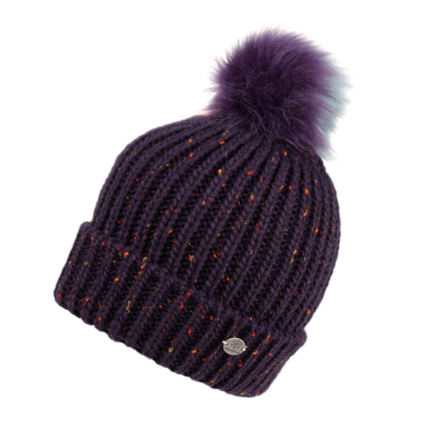 Rib Knit Beanie Hat with Multi Color Pom Pom Winter Skull Cap