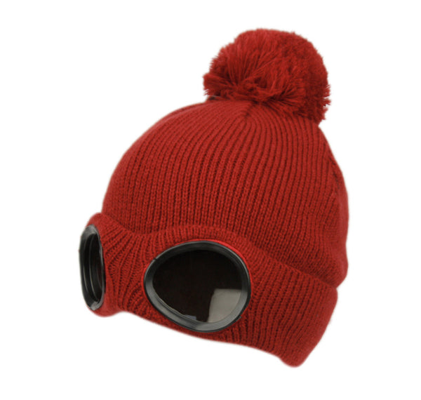 Ladies Goggle Knit Beanie Hat with Pom Pom Women Winter Skull Cap