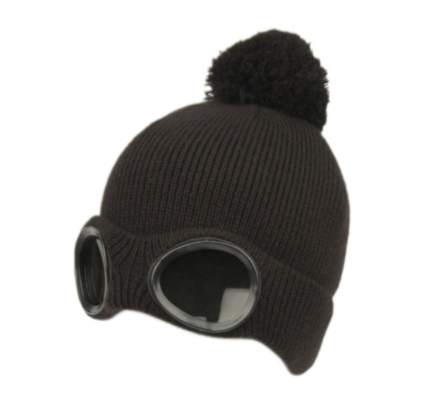 Ladies Goggle Knit Beanie Hat with Pom Pom Women Winter Skull Cap