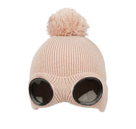 Ladies Goggle Knit Beanie Hat with Pom Pom Women Winter Skull Cap