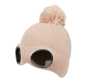 Ladies Goggle Knit Beanie Hat with Pom Pom Women Winter Skull Cap