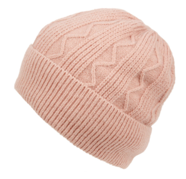 Rib Cable Knit Beanie Hat Winter Skull Ski Cap with Zigzag Stripe