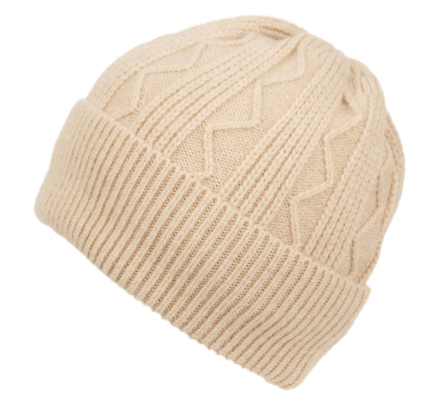 Rib Cable Knit Beanie Hat Winter Skull Ski Cap with Zigzag Stripe