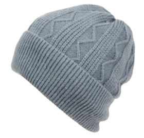 Rib Cable Knit Beanie Hat Winter Skull Ski Cap with Zigzag Stripe