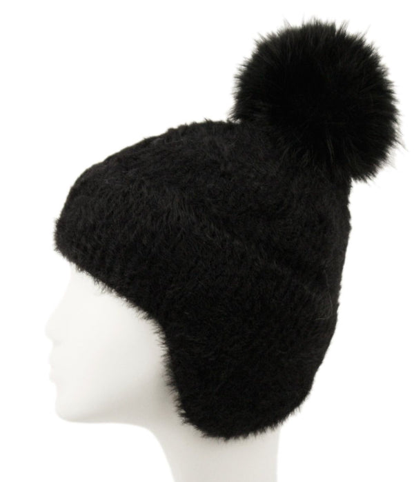 Women Pom Pom Beanie Hat with Earflaps Winter Skull Cap