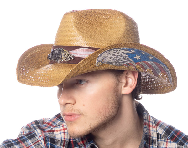 Men and Women's Cowboy Hat With Eagle Badge and USA Flag Trim Band