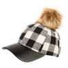 Women Buffalo Plaid Wool Blend Baseball Cap with Faux Fur Pompom