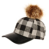 Women Buffalo Plaid Wool Blend Baseball Cap with Faux Fur Pompom