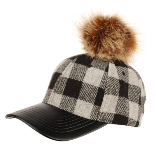 Women Buffalo Plaid Wool Blend Baseball Cap with Faux Fur Pompom