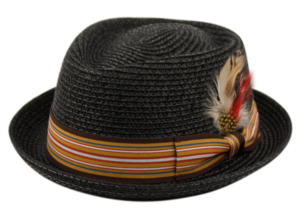 Men's Stripe Band Removable Feather Straw Porkpie Fedora Sun Hat