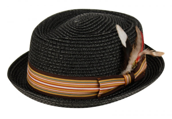 Men's Stripe Band Removable Feather Straw Porkpie Fedora Sun Hat