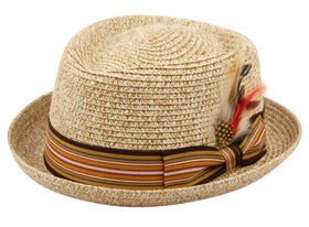 Men's Stripe Band Removable Feather Straw Porkpie Fedora Sun Hat