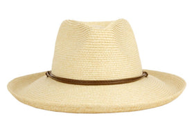 Up Brim Paper Straw Fedora Sun Hat with Leather String Band and Chin Cord