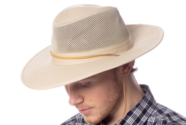 Man and Woman's Outdoor Safari Hats With Mesh Crown & Leather Chin Cord