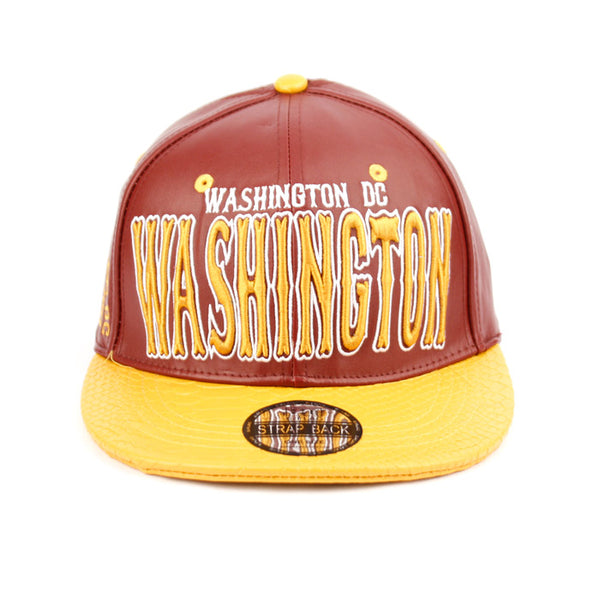 Washington DC Faux Leather Baseball City Cap with Snake Faux Leather Flat Brim