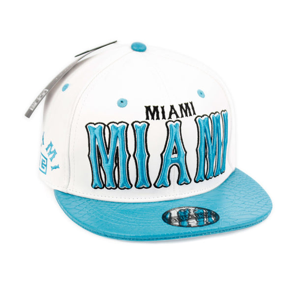 Miami Faux Leather Baseball City Cap with Snake Faux Leather Flat Brim