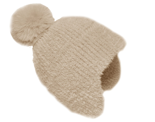 Women Pom Pom Beanie Hat with Earflaps Winter Skull Cap
