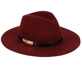 Women Big Brim Wool Felt Fedora Hat Winter Cap with Faux Leather Band