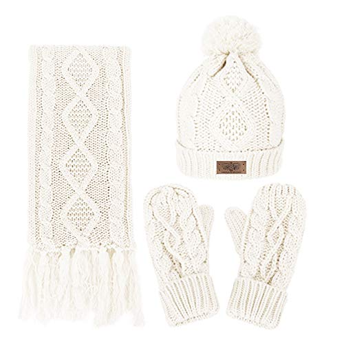 Women Soft Warm Thick Cable Knitted Hat Scarf & Gloves Winter 3 in 1 Sets