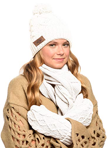 Women's Winter 3 Piece Cable Knit Beanie Hat Gloves & Scarf Set