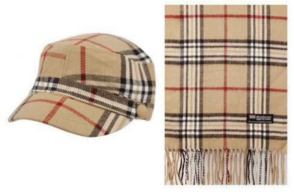 Epoch Cashmere Feel Cadet Cap with Soft Scarf in Designer Inspired Plaid, Khaki