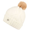Women's Thick Cable Knit Beanie Hat with Soft Fur Pom Pom - Ivory