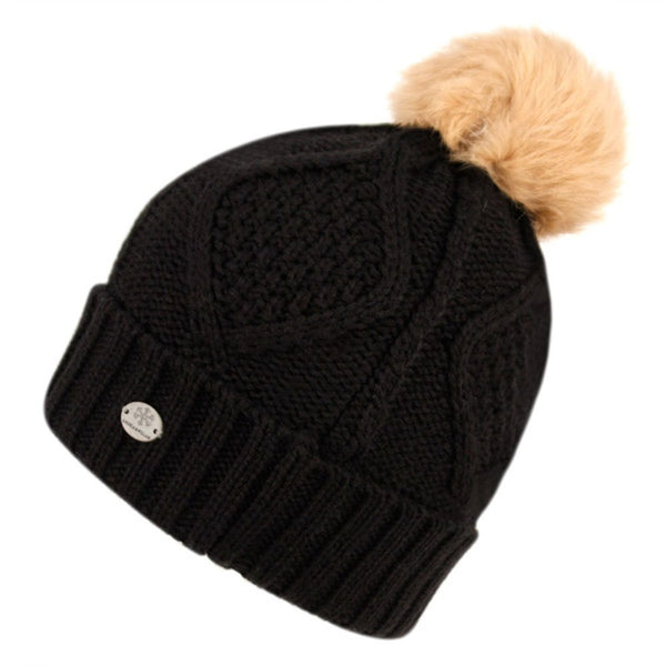 Women's Thick Cable Knit Beanie Hat with Soft Faux Fur Pom Pom - Black