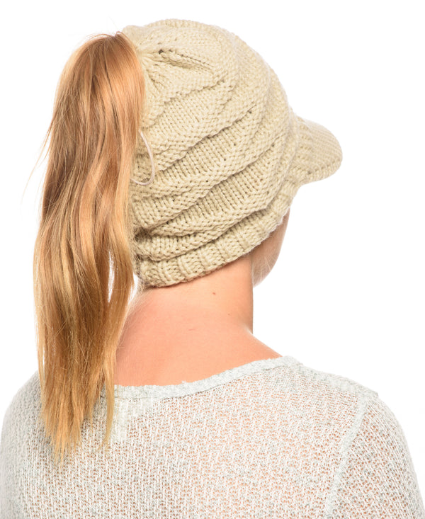Ponytail Beanie with Visor Massy Bun Beanie Winter Hat with Hole for Ponytail