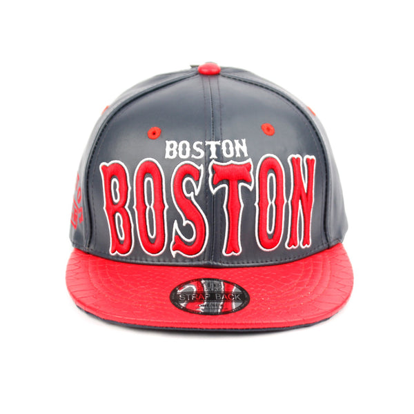 Boston Massachusetts Faux Leather Flat Bill Snap Back Hat