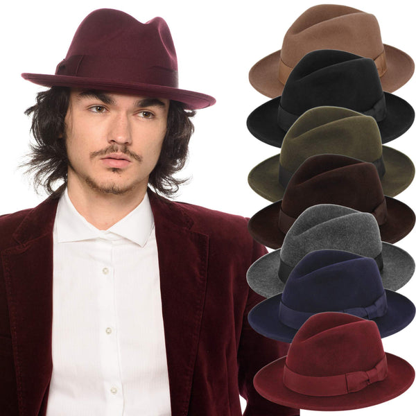DRY77 Mens Godfather Milano Wool Felt Fedora Grosgrain Band Center Winter Hat