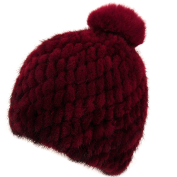 Real Knit Mink Fur Hat Natural Rabbit Fur Pom Beanie Winter Warm Cap