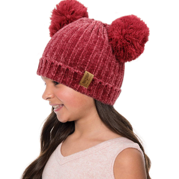 Kids Cable Knit Double Pompom Winter Hat Chenille Beanie Skull Cap