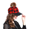 Women Buffalo Plaid Wool Blend Baseball Cap with Faux Fur Pompom