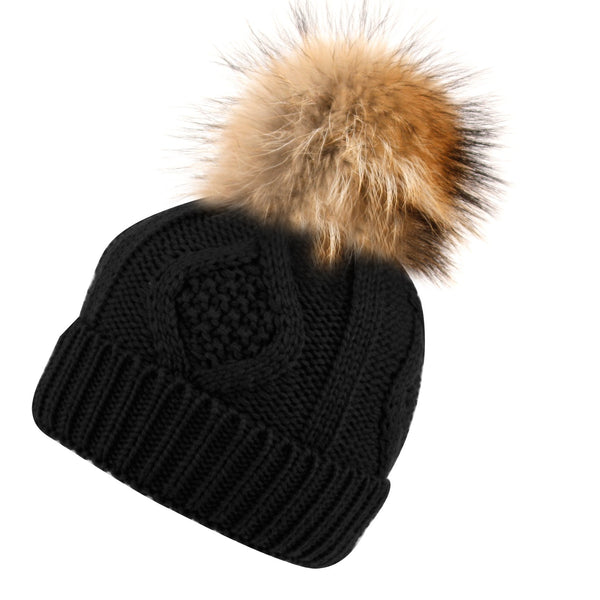 Womens Girls Knitted Fur Hat Real Large Raccoon Fur Pom Pom Beanie Hats