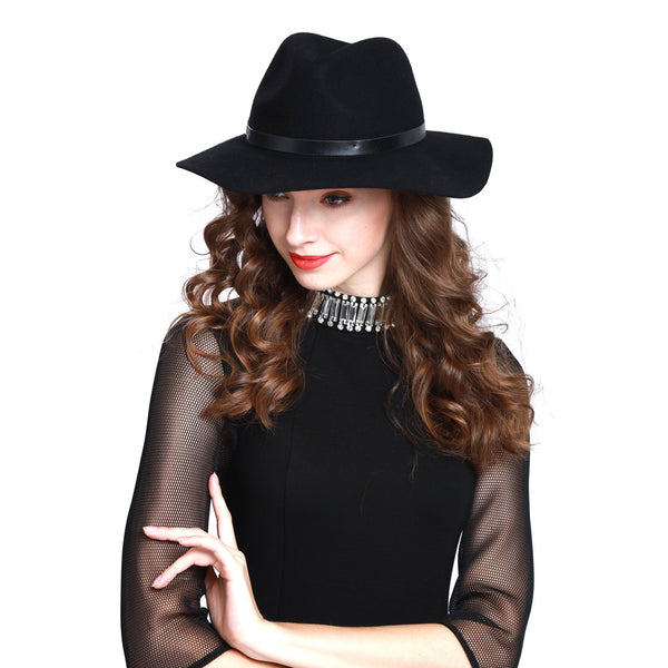 Women Big Brim Wool Felt Fedora Hat Winter Cap with Faux Leather Band