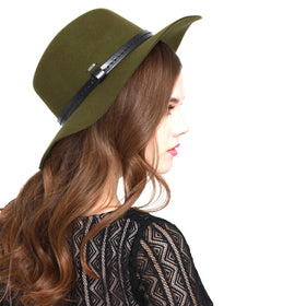 Women Big Brim Wool Felt Fedora Hat Winter Cap With Faux Leather Band