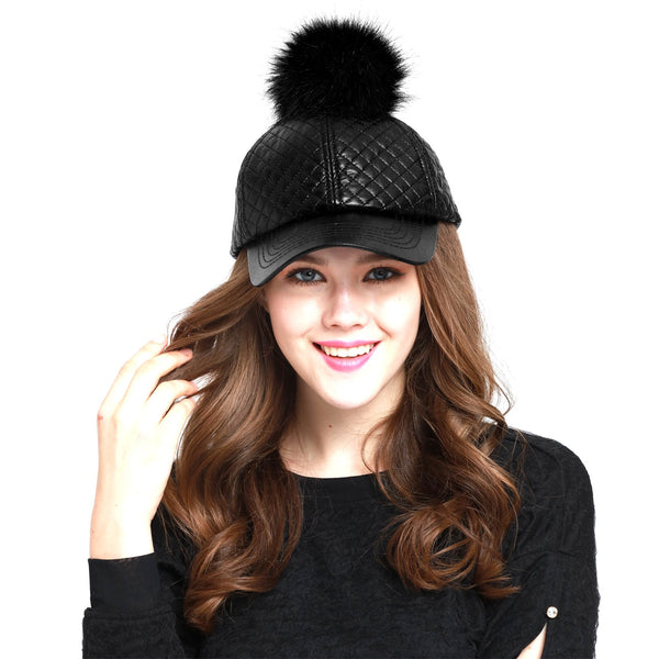 Women's Faux Leather Pompom Baseball Cap Adjustable Quilted Faux Leather Hat