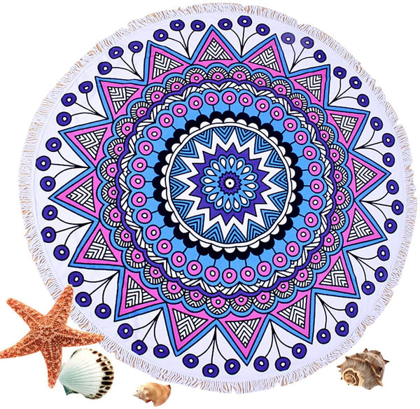 Round Indian Mandala Beach Towels Blanket Yoga Picnic Mat Thick Terry Cotton with Fringe Tassels