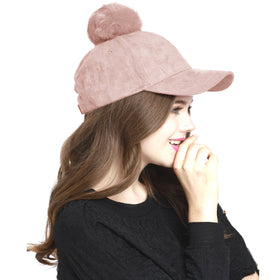 Women Faux Suede Leather Baseball Cap with Real Fur Pompom