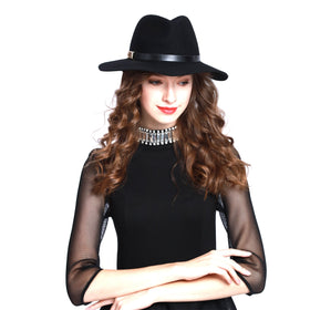 Women Big Brim Wool Felt Fedora Hat Winter Cap with Faux Leather Band
