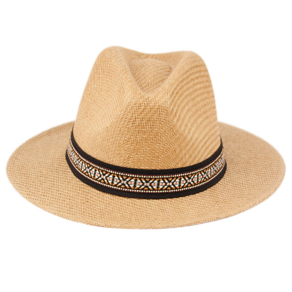 Panama Sun Hat, Festival Summer Fedora, 3 Inch Wide Brim, Aztec Tribal Band