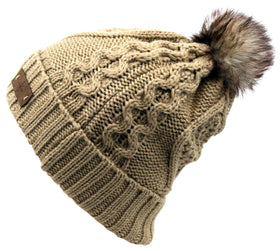 Women's Winter Fleece-Lined Cable Knit Pompom Beanie Hat