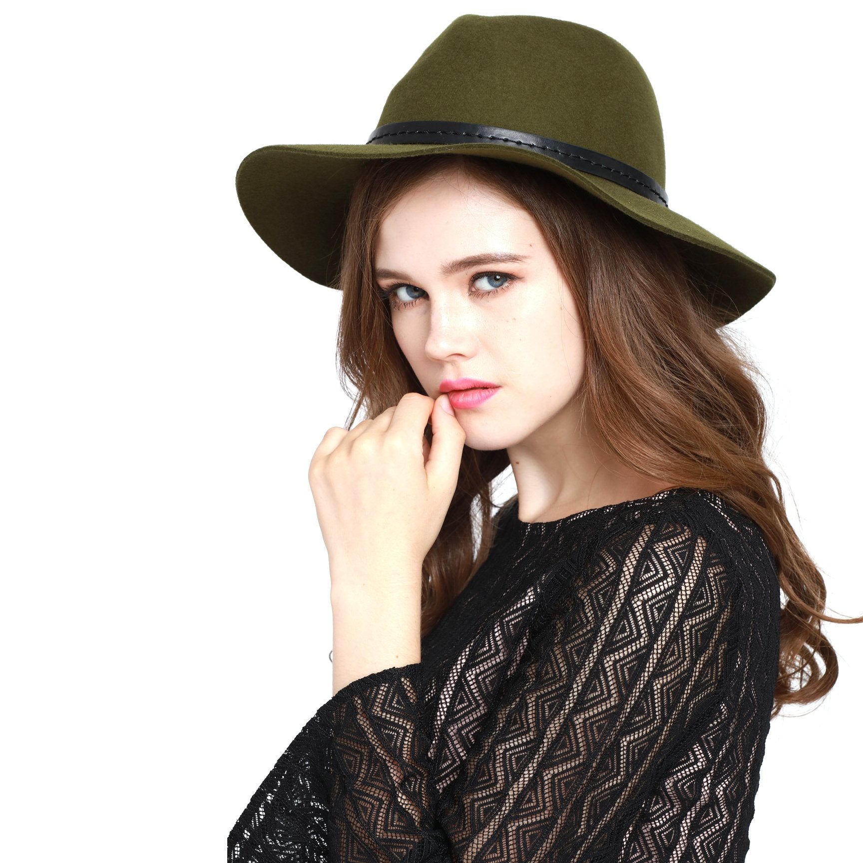 Women Big Brim Wool Felt Fedora Hat Winter Cap With Faux Leather