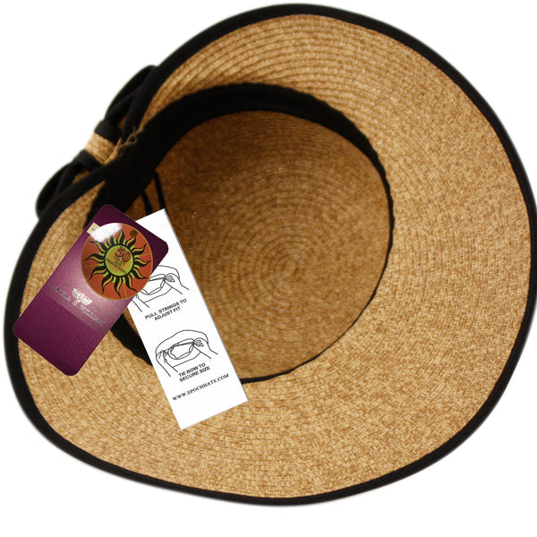 Straw Packable Sun Hat with Black Sash- Wide Front Brim and Smaller Back