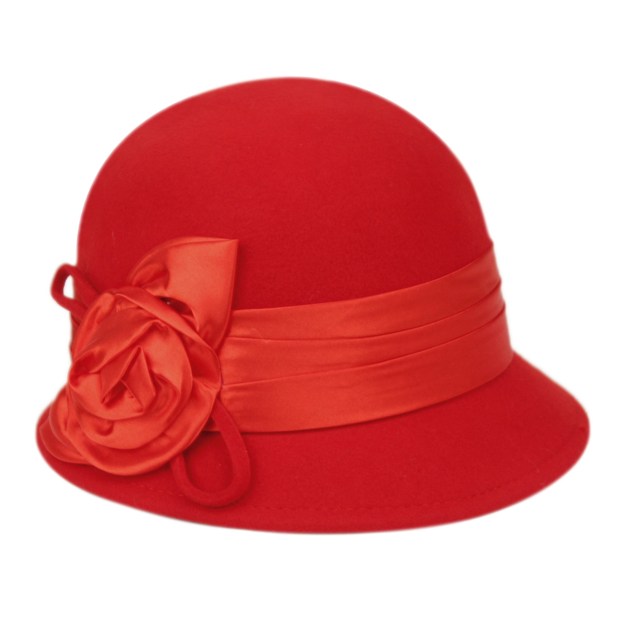 Women's Wool Felt Vintage Cloche Bucket Winter Hat with Satin Flower Red