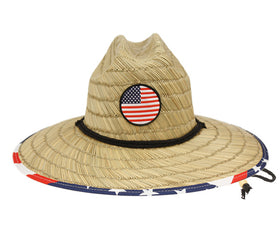 Wide Brim Straw Fedora Hats with USA Flag Badge & Prints, Under Brim Straw Hat