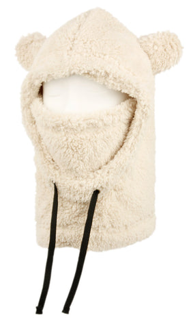 Kids Sherpa Fur Winter Tabby Bear Hat Mask Warm Neck Cover